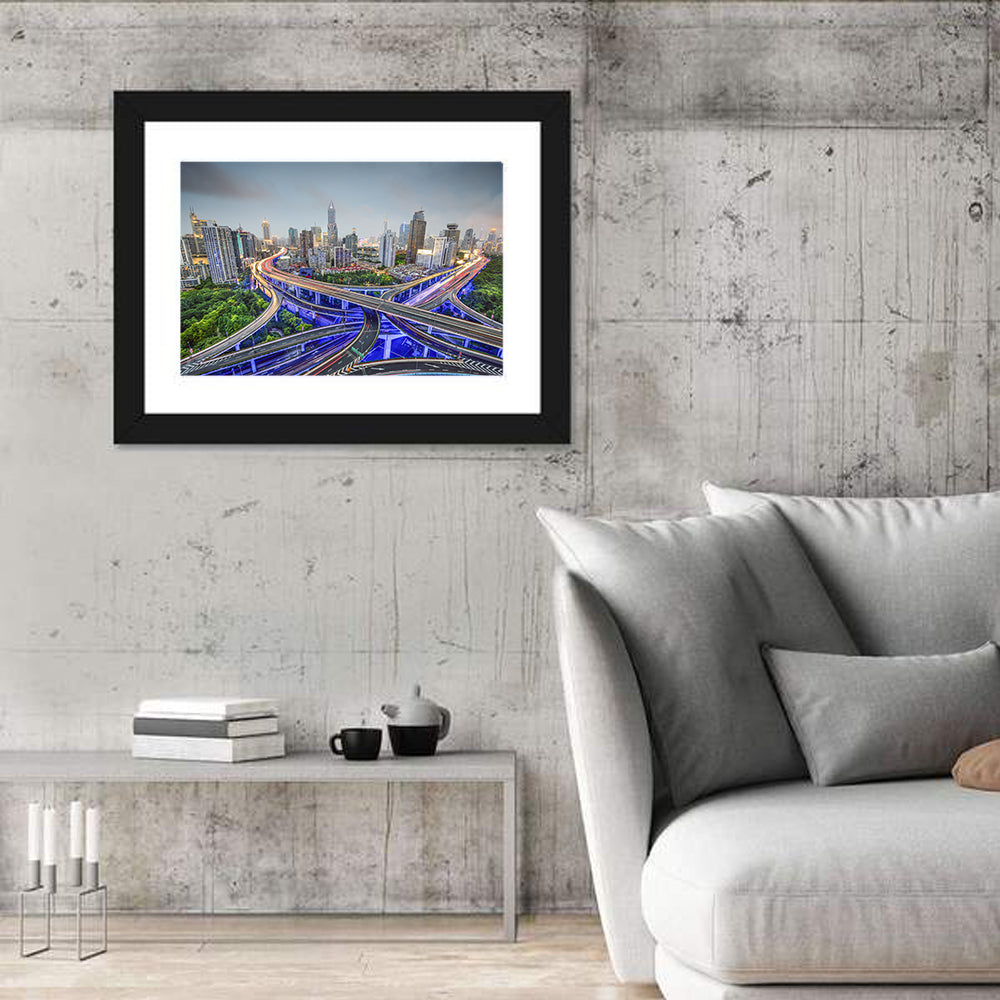 Shanghai Dusk Interchange Cityscape Wall Art in a room, landscape