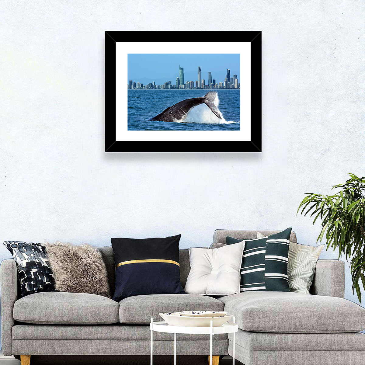 Gold Coast Whale and Skyline Wall Art in a room, landscape