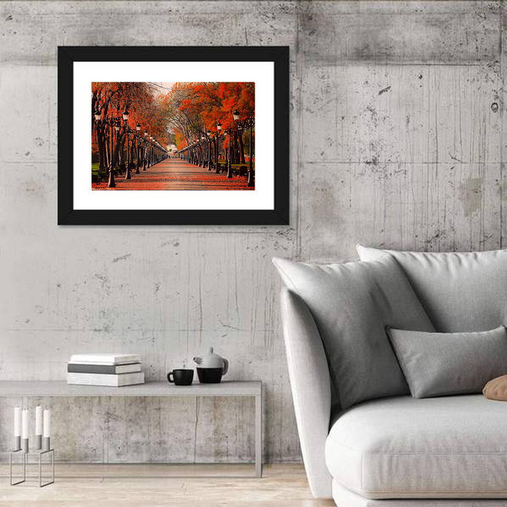 Autumn Park Path with Vintage Lampposts Wall Art in a room, landscape