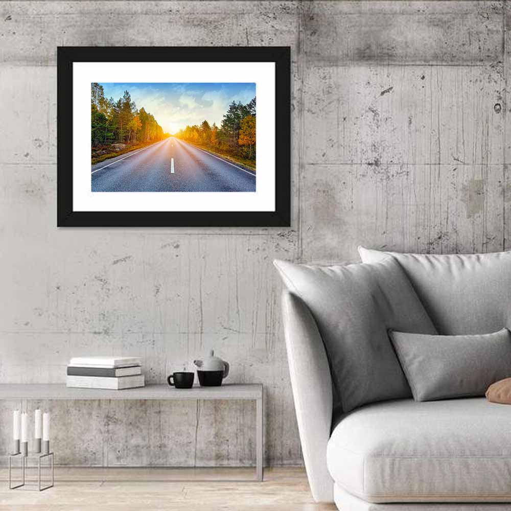 Sunlit Autumn Forest Road Wall Art