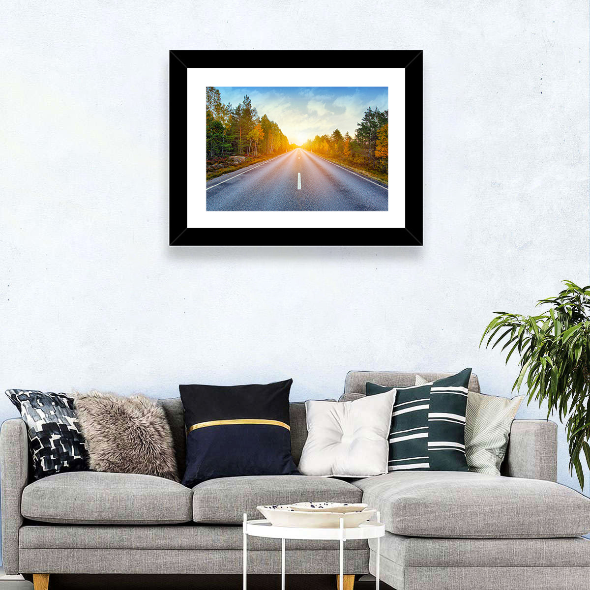 Sunlit Autumn Forest Road Wall Art