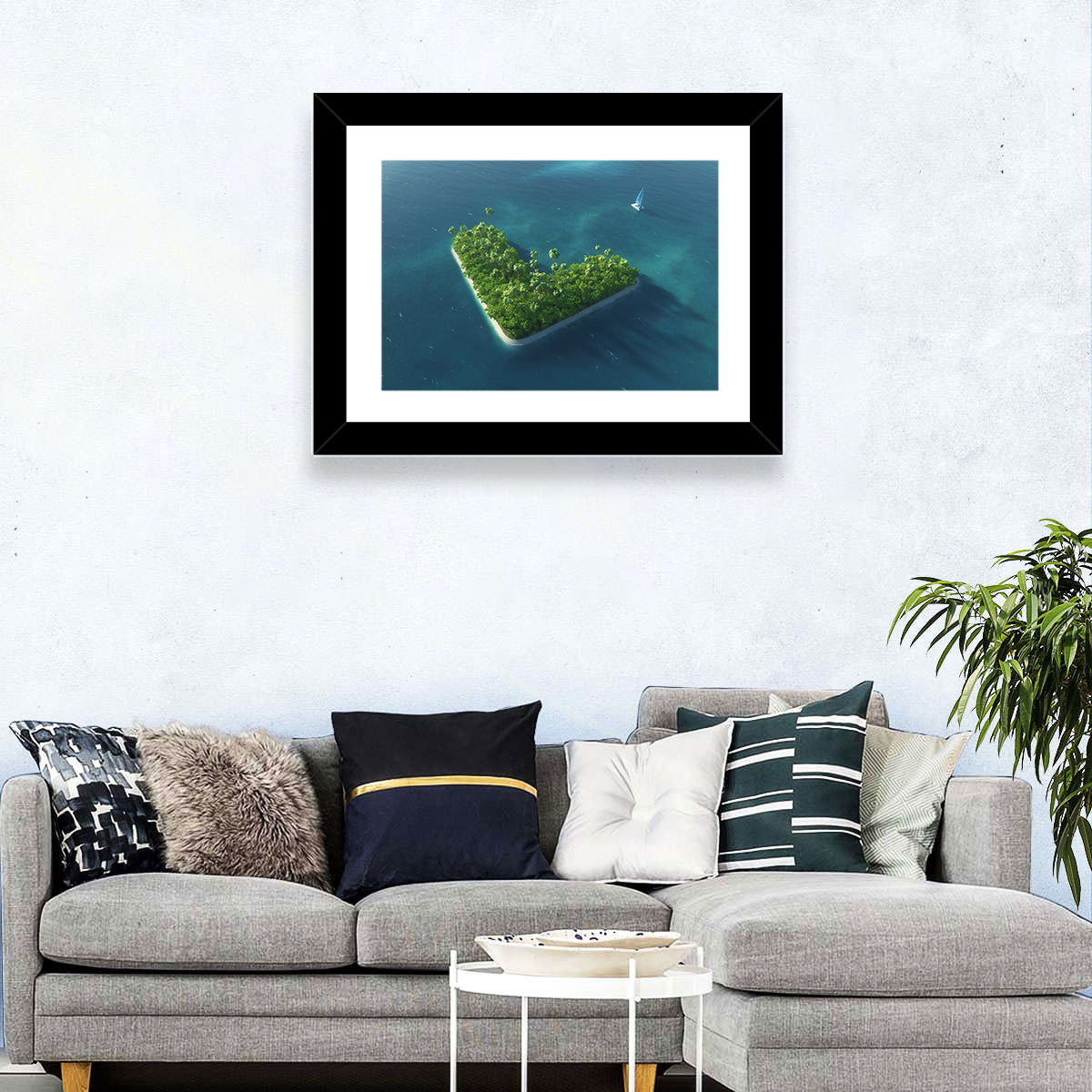 V-shaped Tropical Island with Distant Catamaran Wall Art