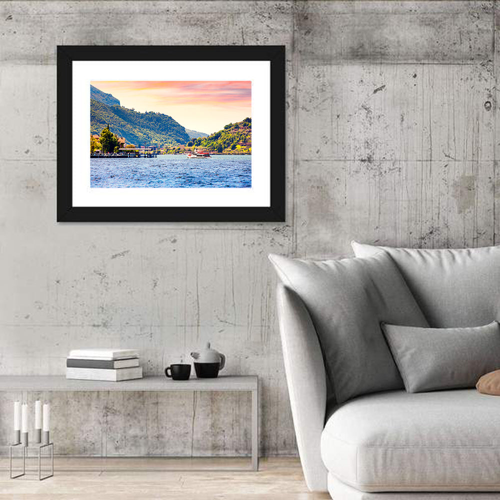 Lake Iseo Morning Harbor Wall Art in a room, landscape