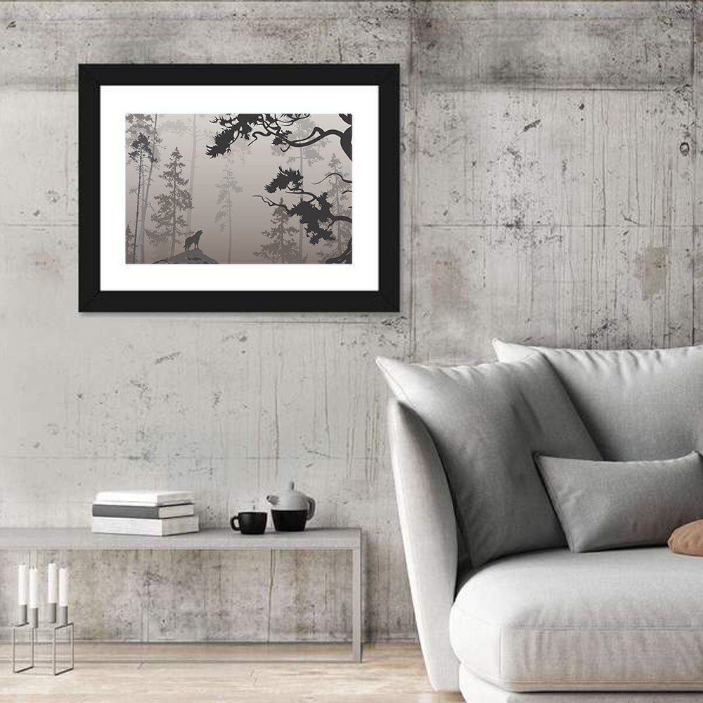 Howling Wolf in Misty Forest Wall Art in a room, landscape