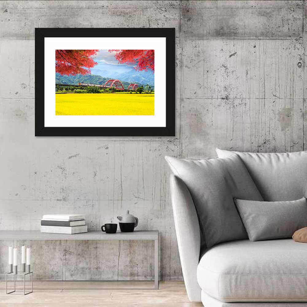Autumn Train Over Taiwan Rice Fields Wall Art