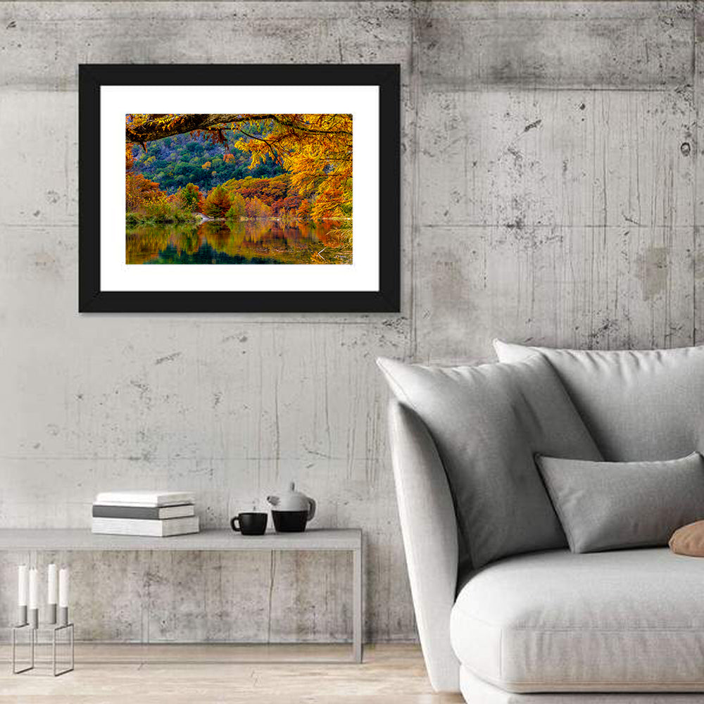 Frio River Autumn Reflection Wall Art in a room, landscape