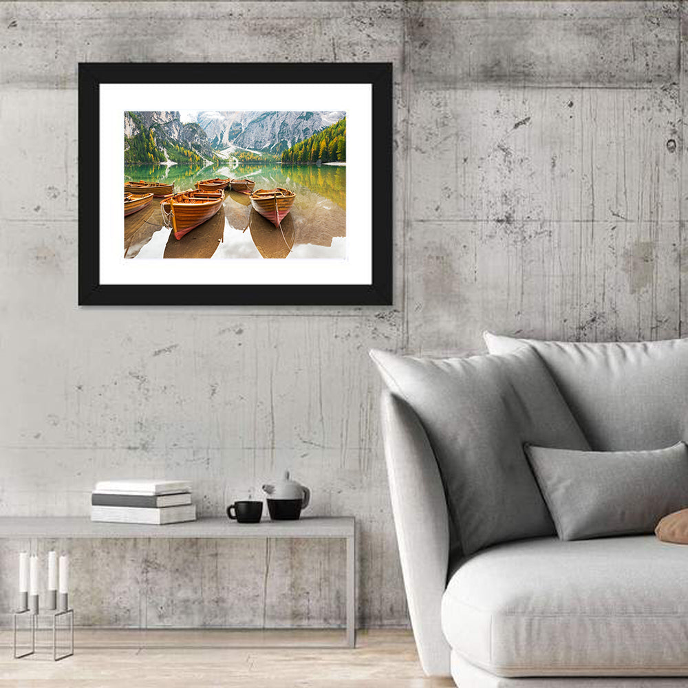 Rowboats on Lake Braies Wall Art in a room, landscape