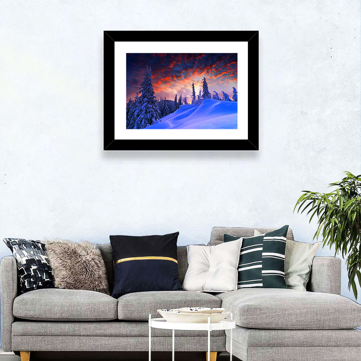 Snow-covered Mountain Sunset Wall Art in a room, landscape