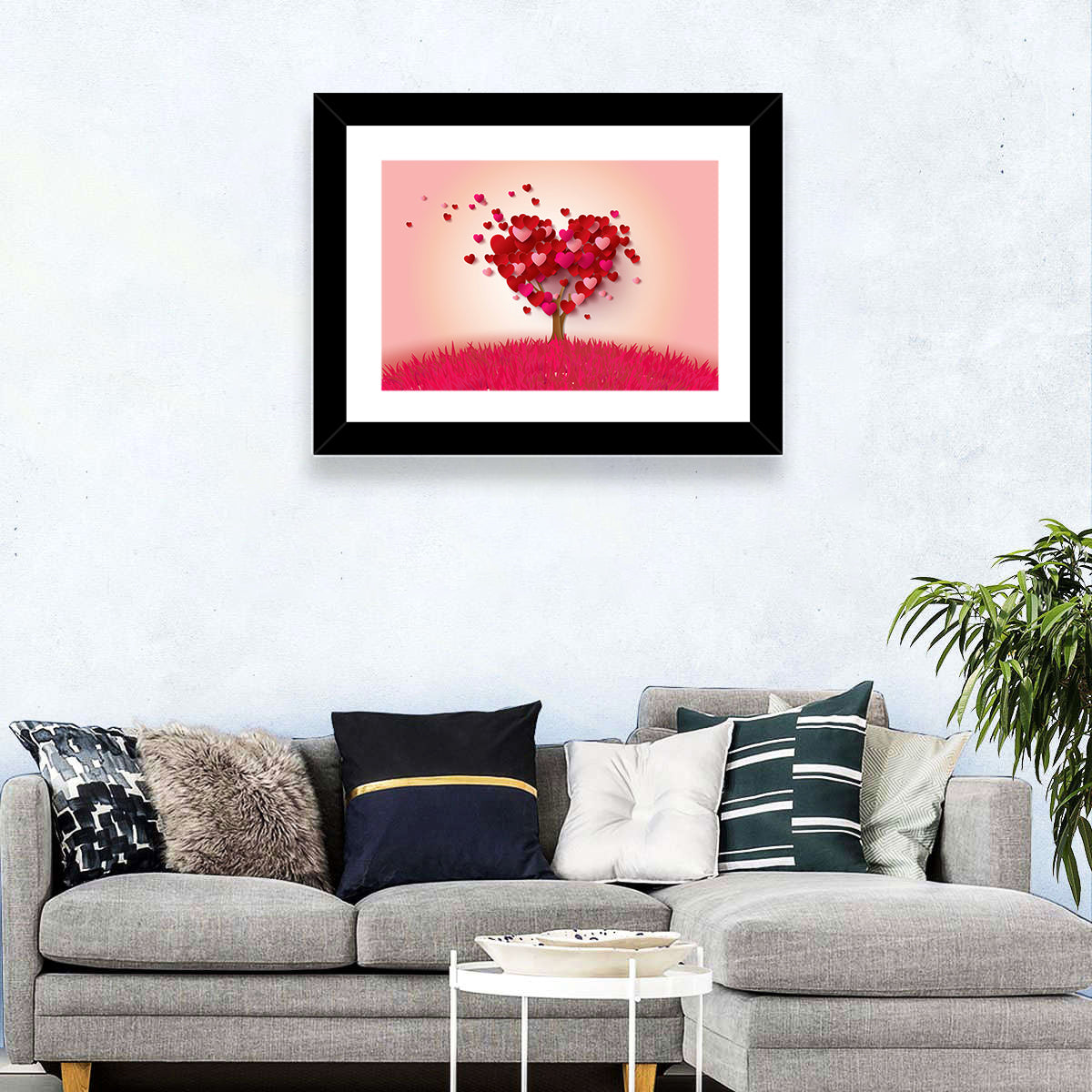 Whimsical Heart Tree Illustration Wall Art in a room, landscape