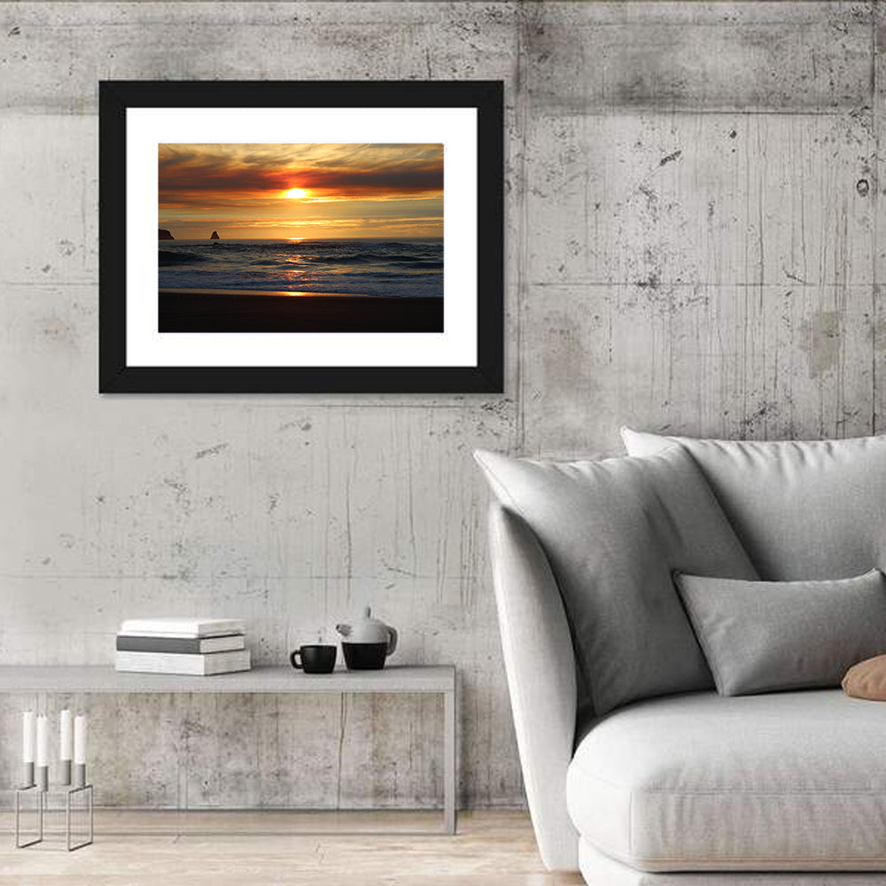 Oregon Sea Stack Sunset Wall Art in a room, landscape