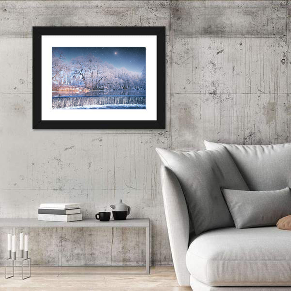 Starlit Winter Waterfall Wall Art in a room, landscape
