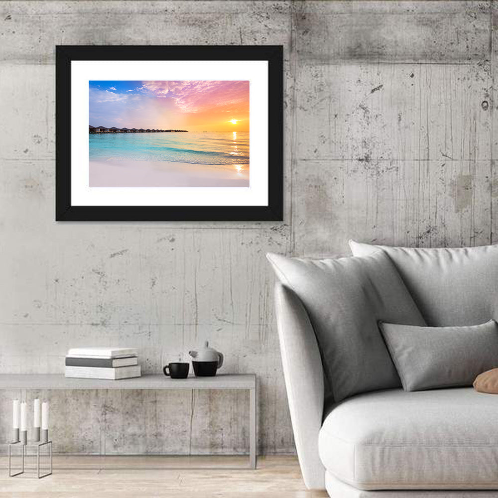 Overwater Bungalows at Sunset Wall Art