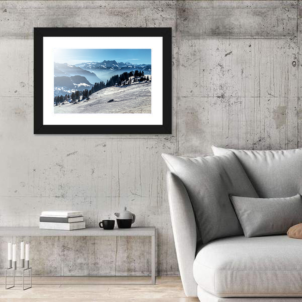 Sunlit Alpine Ski Slope Wall Art in a room, landscape