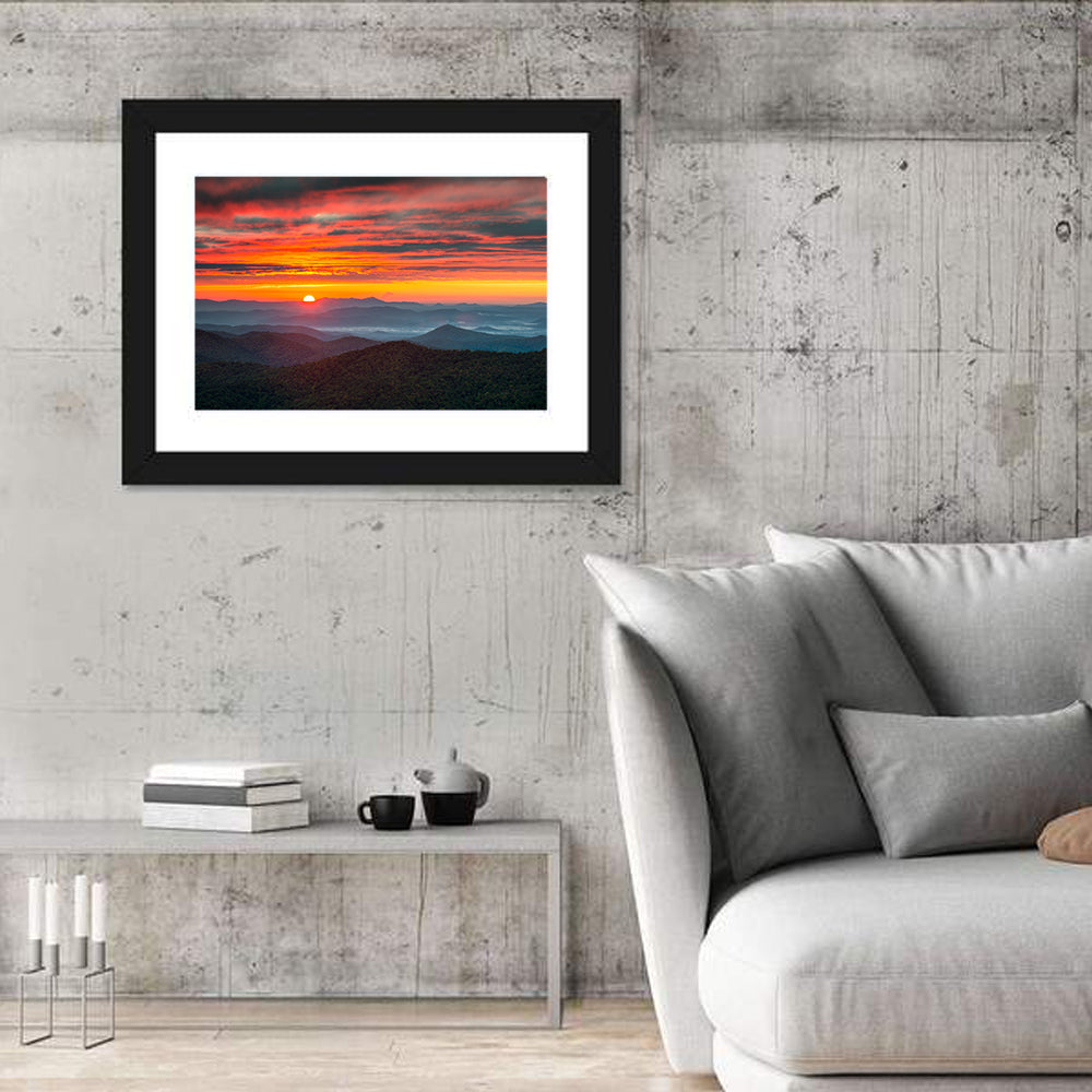Blue Ridge Sunrise Over Misty Ridges Wall Art in a room, landscape