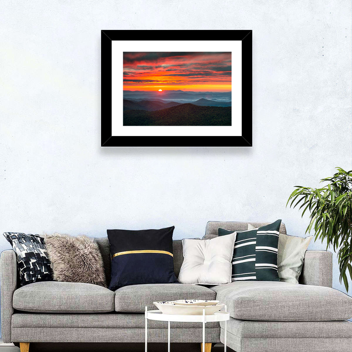 Blue Ridge Sunrise Over Misty Ridges Wall Art in a room, landscape