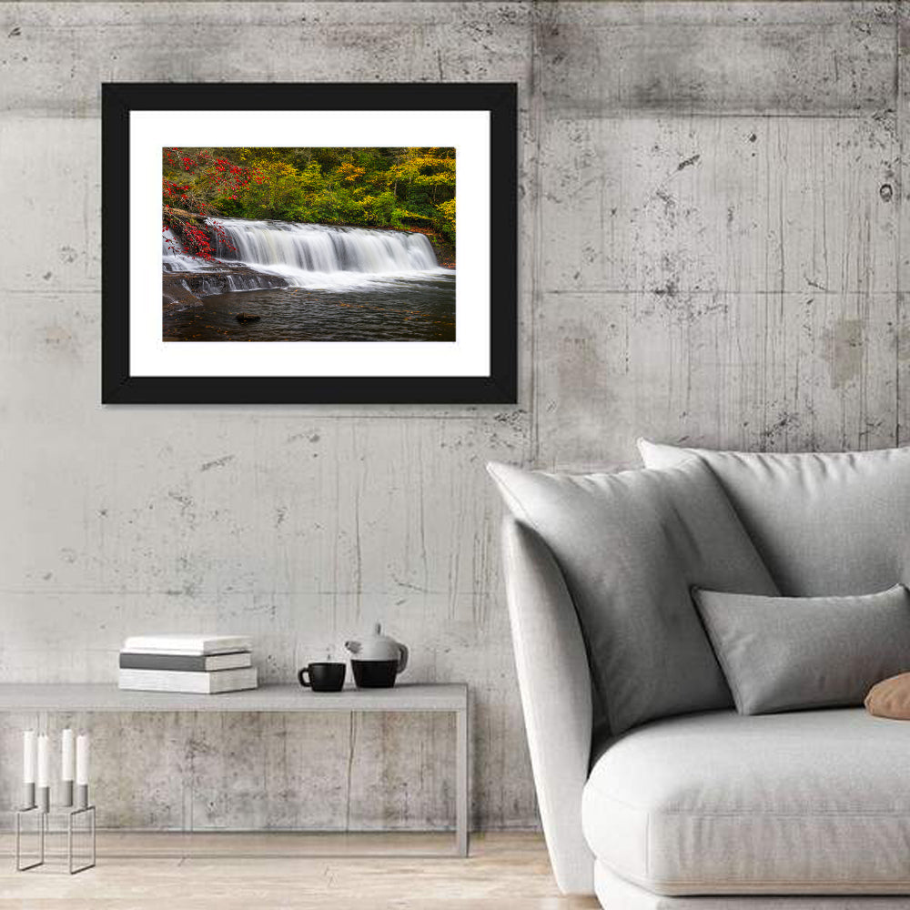 Blue Ridge Autumn Waterfall Wall Art in a room, landscape