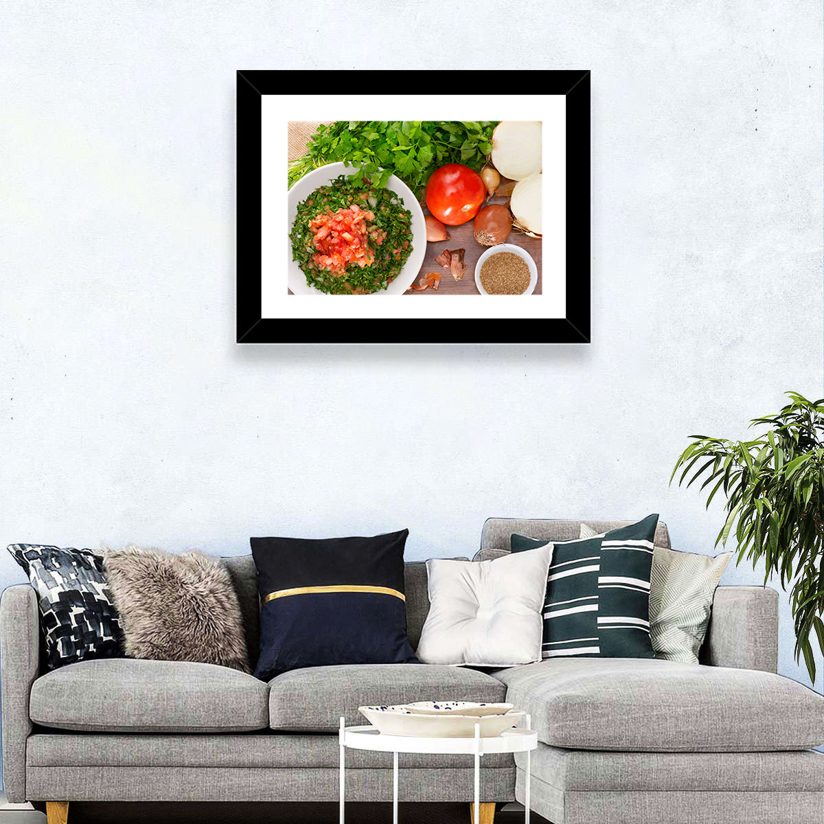 Top-down Tabbouleh Salad Wall Art in a room, landscape