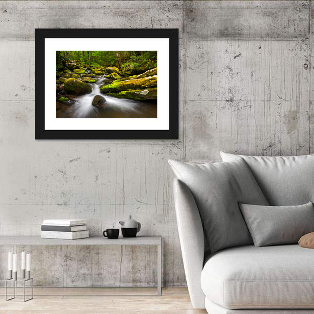 Mossy Forest Stream Wall Art in a room, landscape
