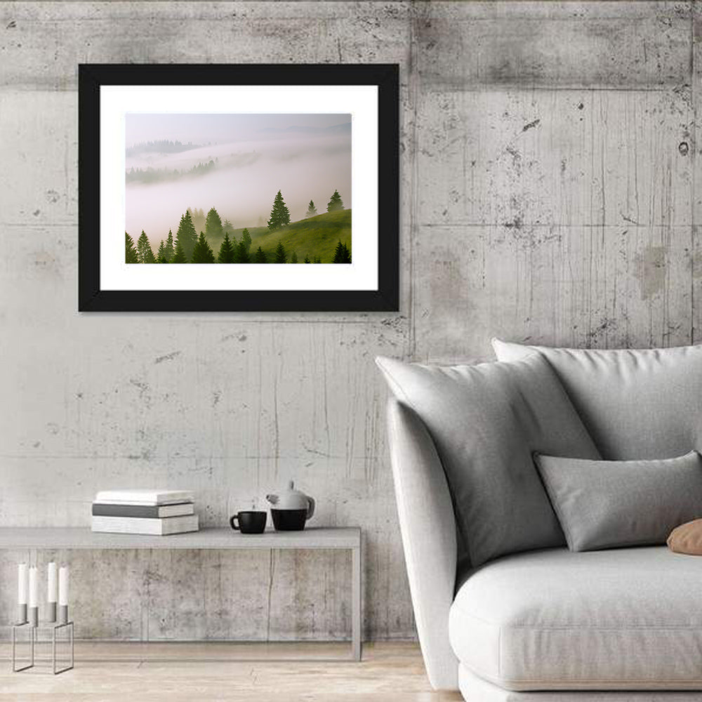Summer Mist Over Green Hills Wall Art in a room, landscape