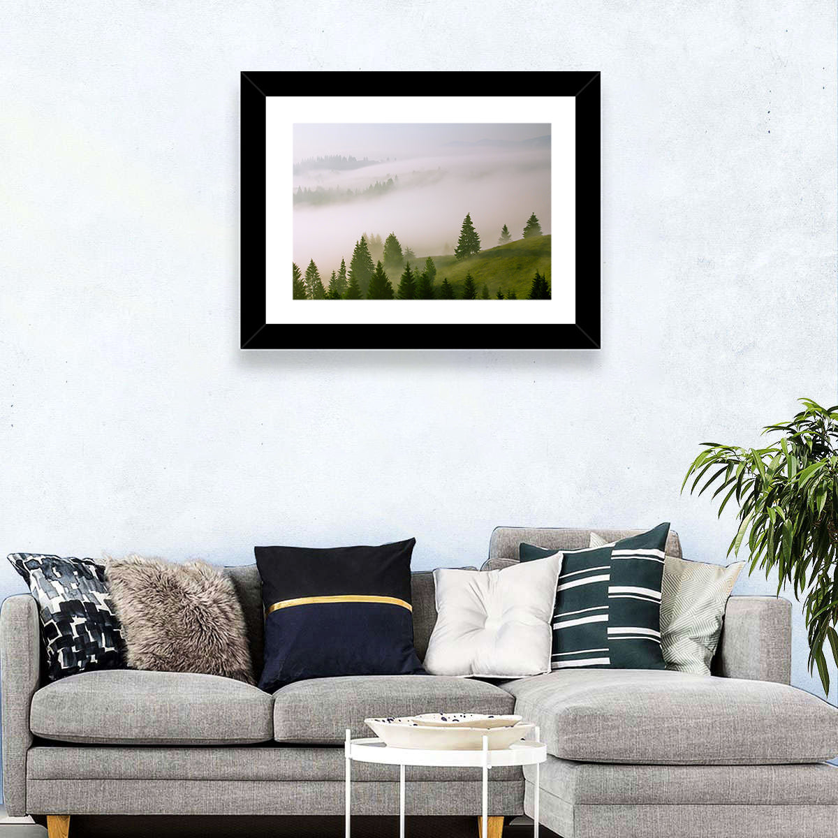 Summer Mist Over Green Hills Wall Art in a room, landscape