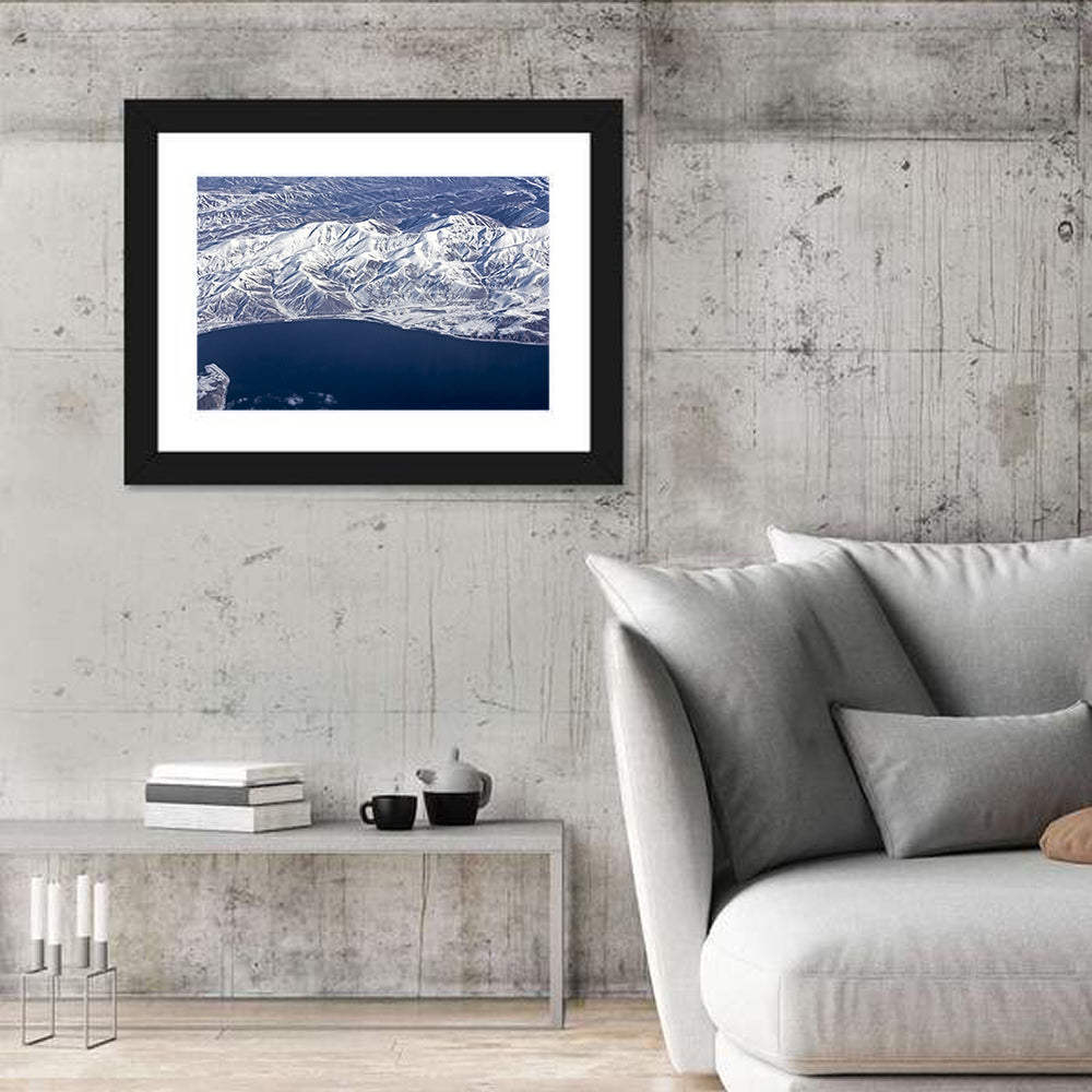 Lake Sevan Aerial Winter View Wall Art in a room, landscape