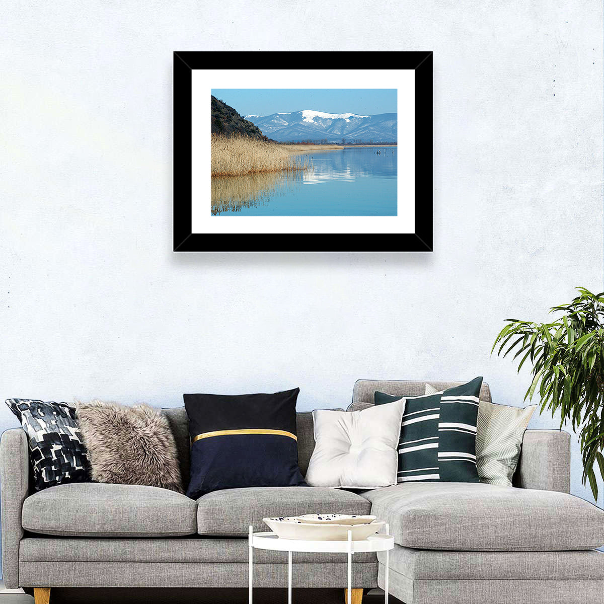 Prespa Lake Reflections Wall Art in a room, landscape