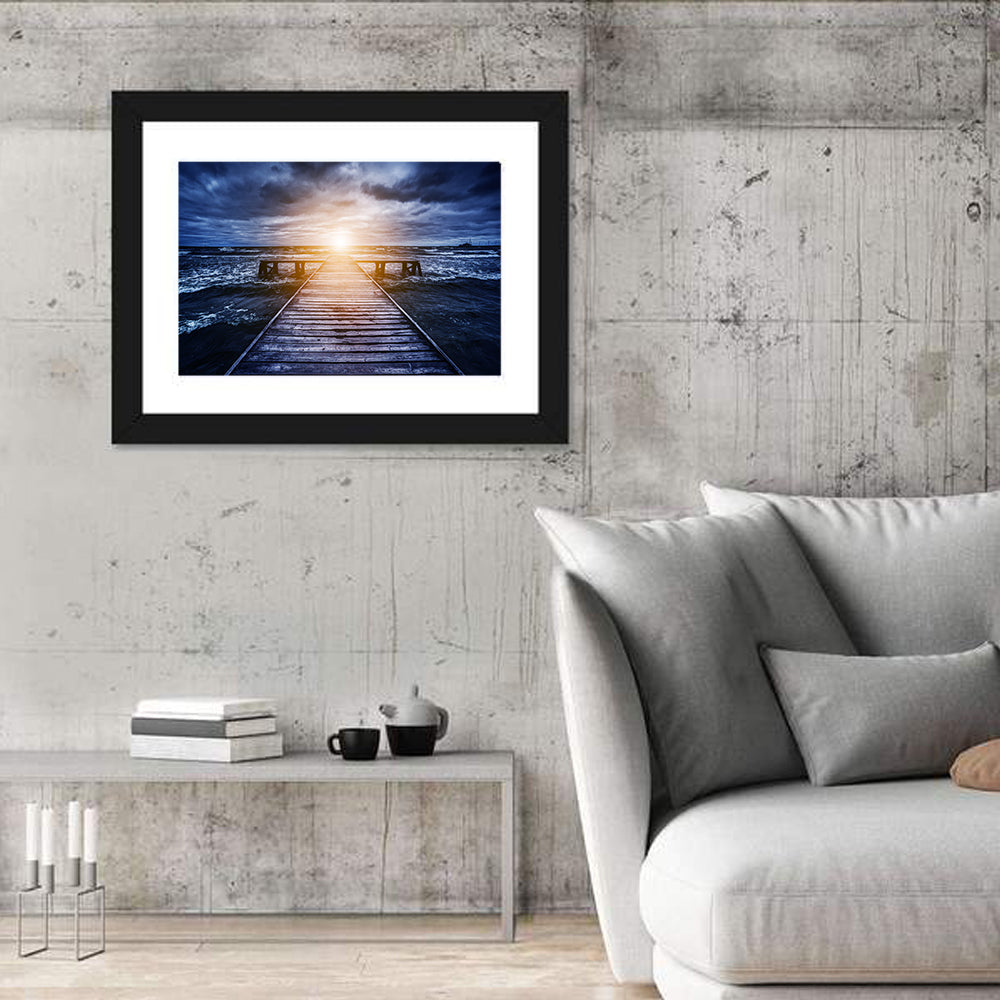 Sunlit Wooden Jetty at Dusk Wall Art