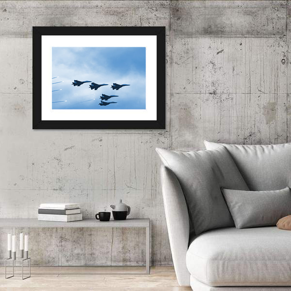 Five Fighter Jets in Formation Wall Art in a room, landscape