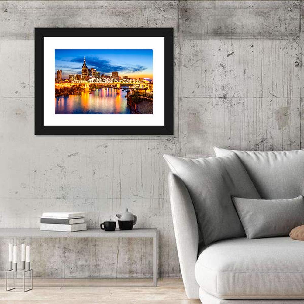 Nashville Skyline at Twilight Bridge Reflections Wall Art in a room, landscape