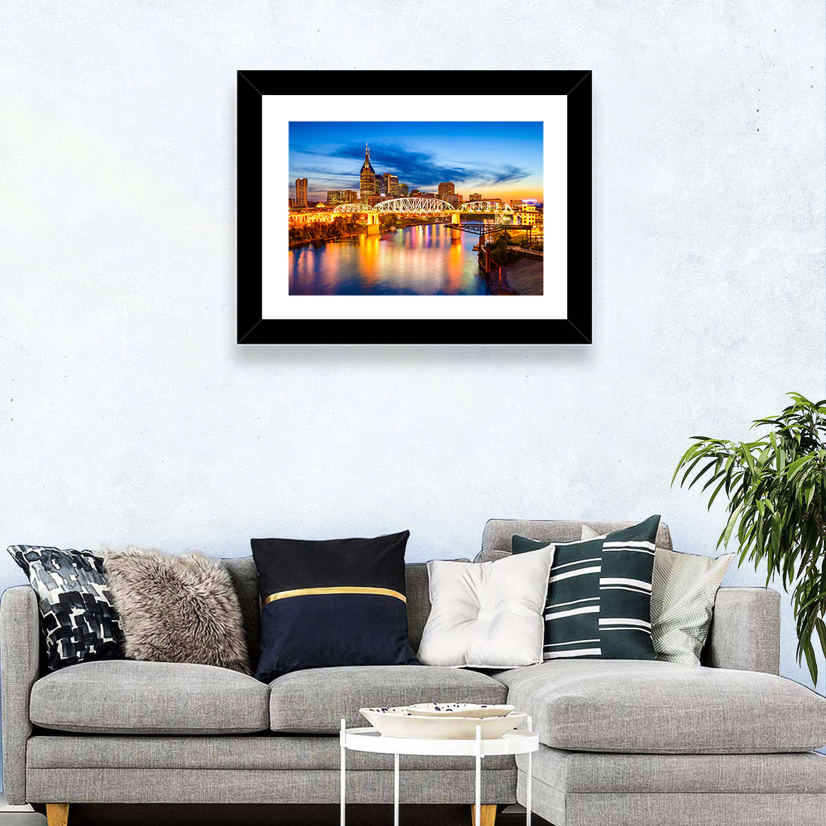 Nashville Skyline at Twilight Bridge Reflections Wall Art