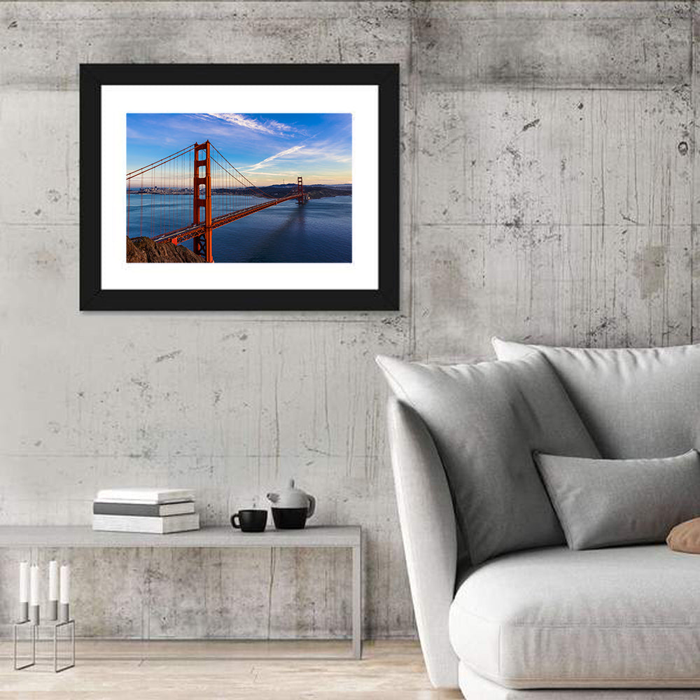 Golden Gate Bridge at Golden Hour Wall Art in a room, landscape