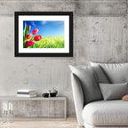 Dewy Red Tulips Under Blue Sky Wall Art