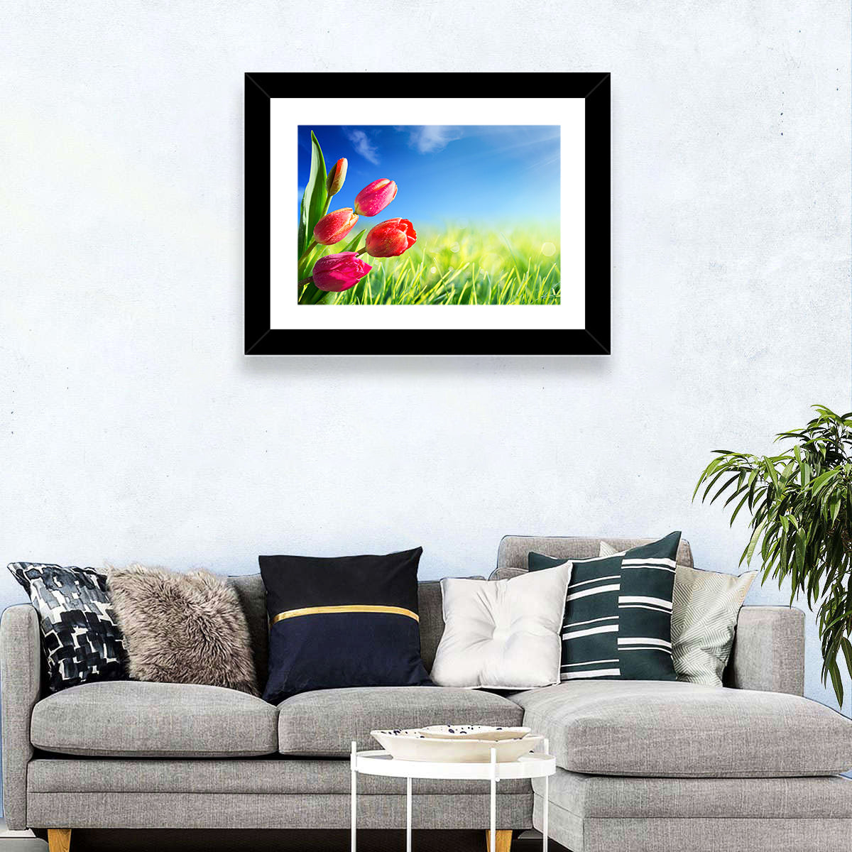 Dewy Red Tulips Under Blue Sky Wall Art