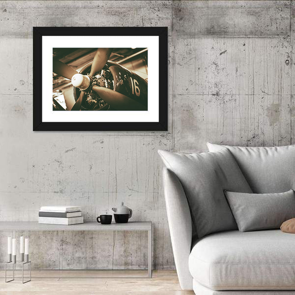 Vintage Military Propeller Plane Wall Art in a room, landscape