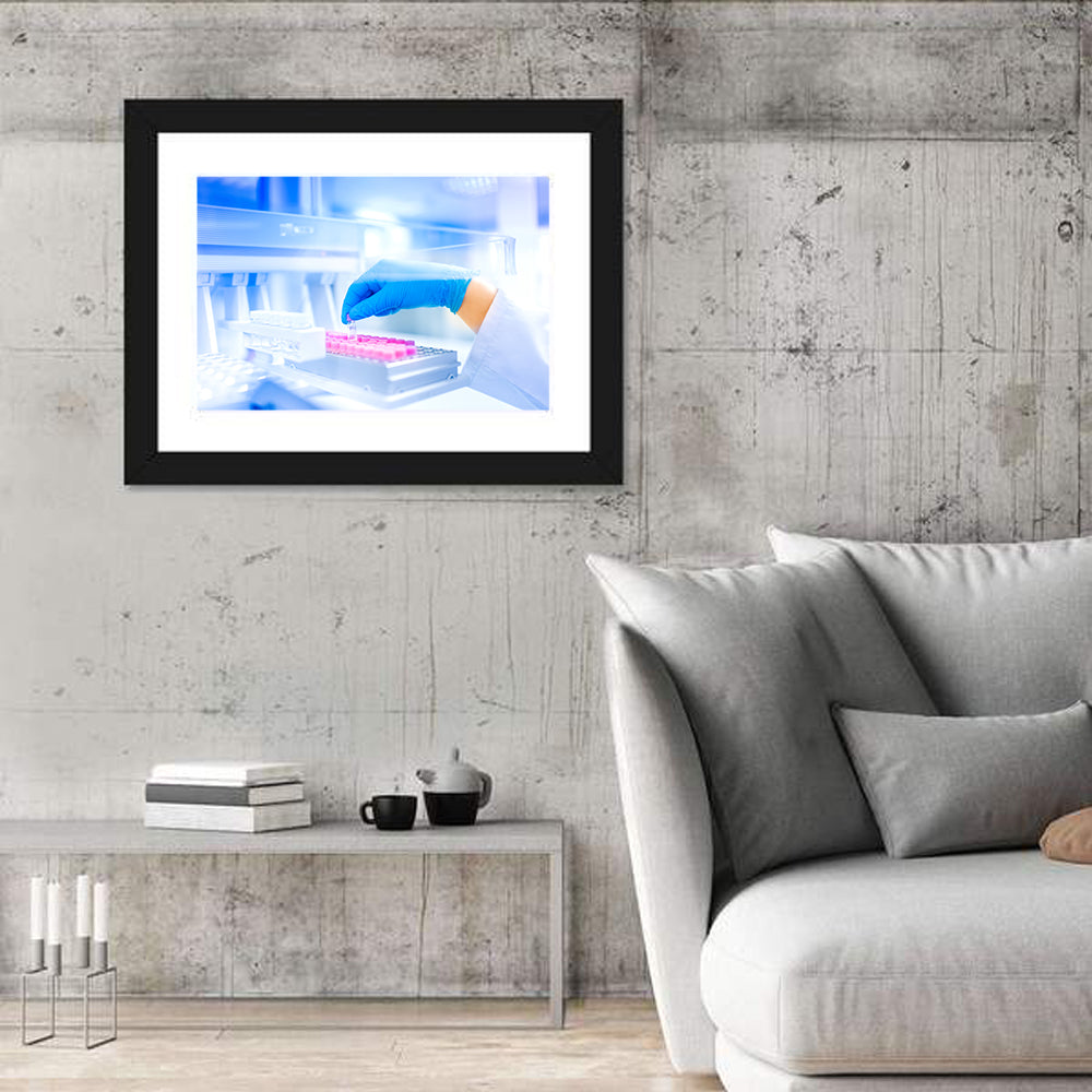 Gloved Hand with Vial and Pink-capped Tubes Wall Art in a room, landscape