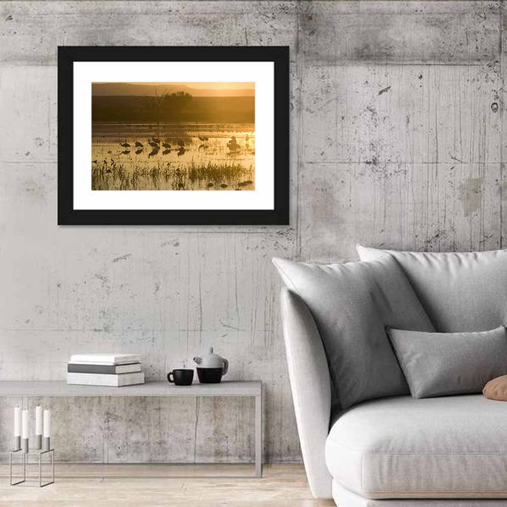 Golden Hour Sandhill Cranes on Lake Wall Art