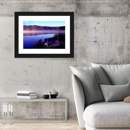 Bench at Misty Lake Sunrise Wall Art