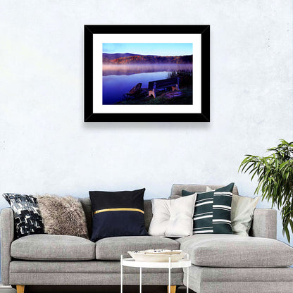 Bench at Misty Lake Sunrise Wall Art