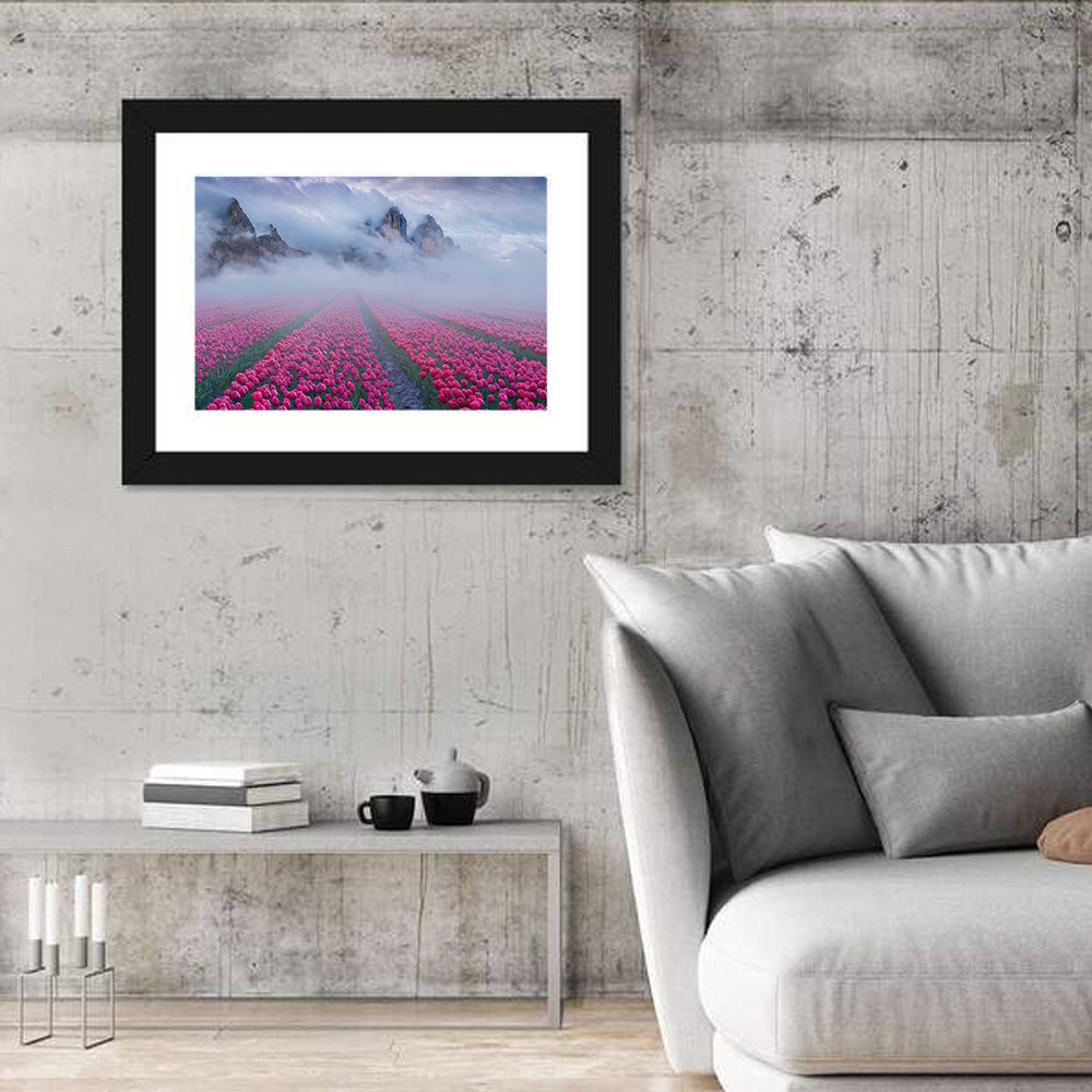 Misty Pink Tulip Field Wall Art in a room, landscape