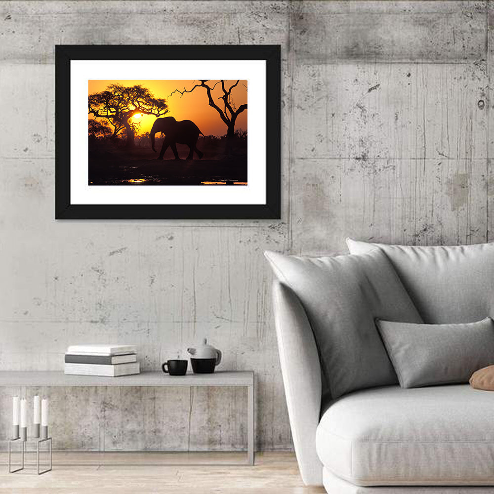 Elephant at Sunset Wall Art in a room, landscape