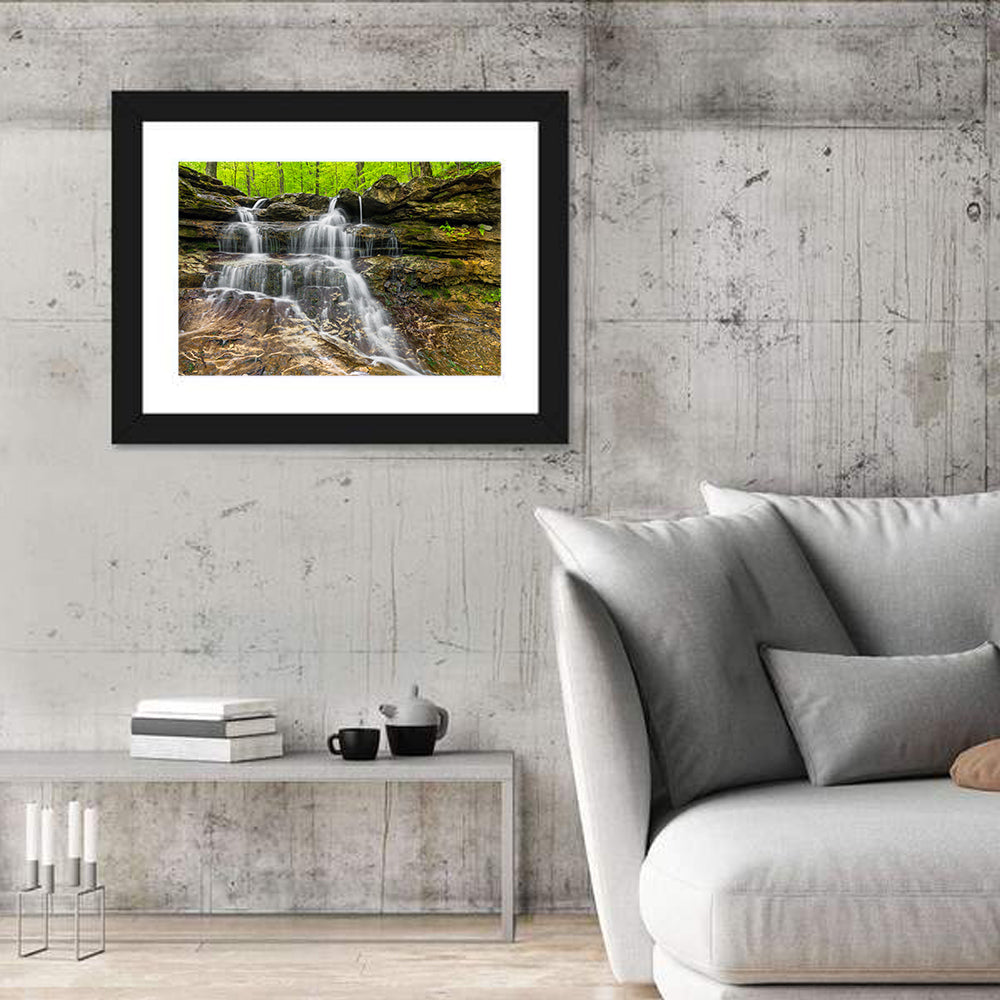 Mossy Ledge Waterfall Wall Art in a room, landscape