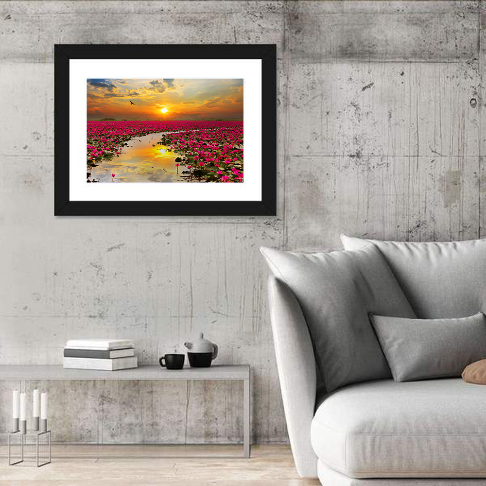 Golden Hour Lotus Field Wall Art in a room, landscape
