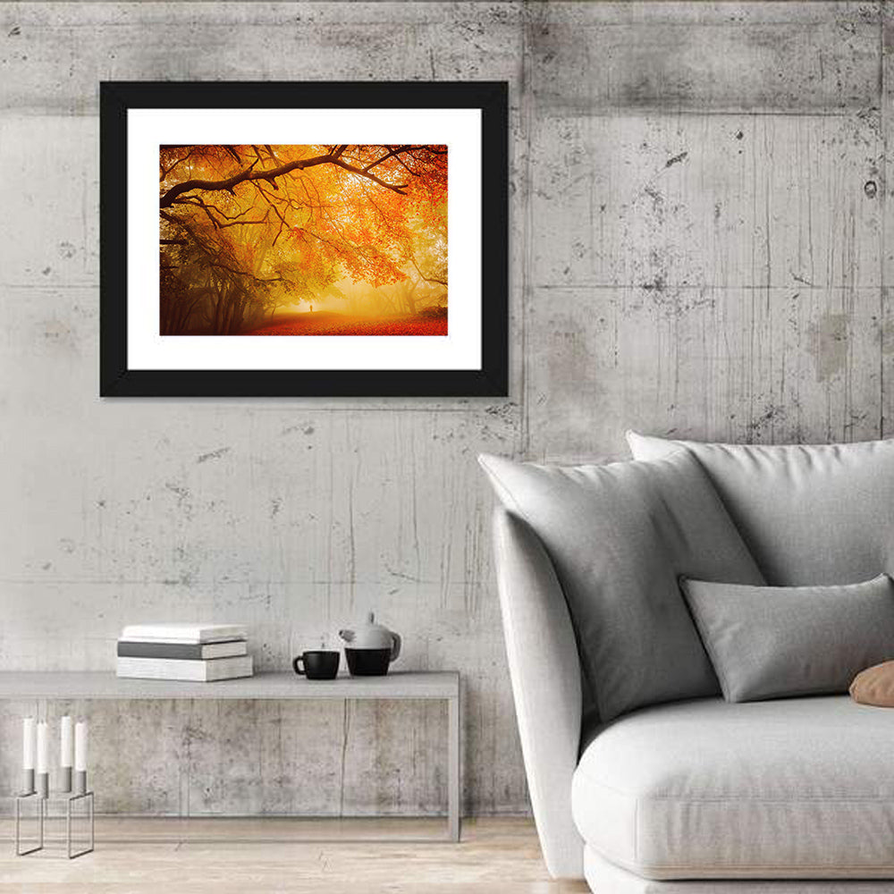 Autumn Forest Path with Lone Figure Wall Art in a room, landscape