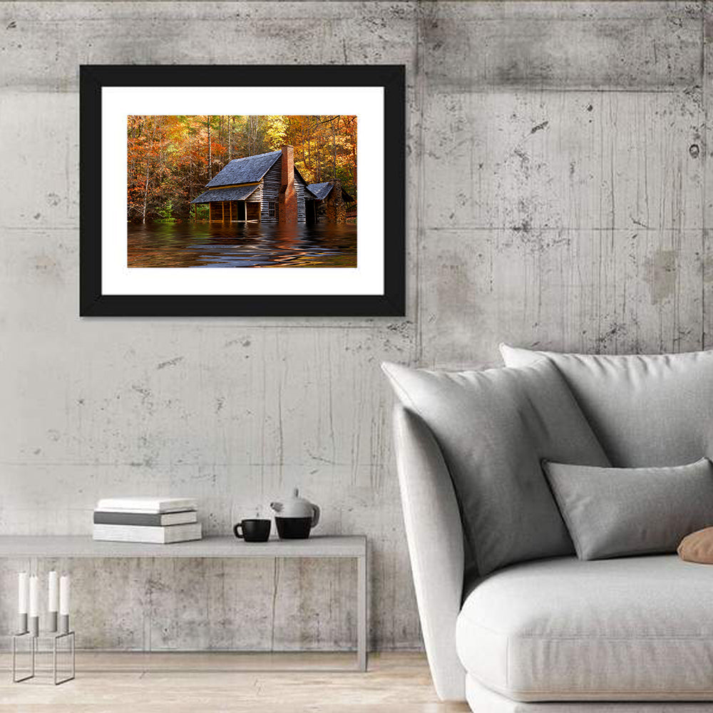 Autumn Flooded Log Cabin Wall Art