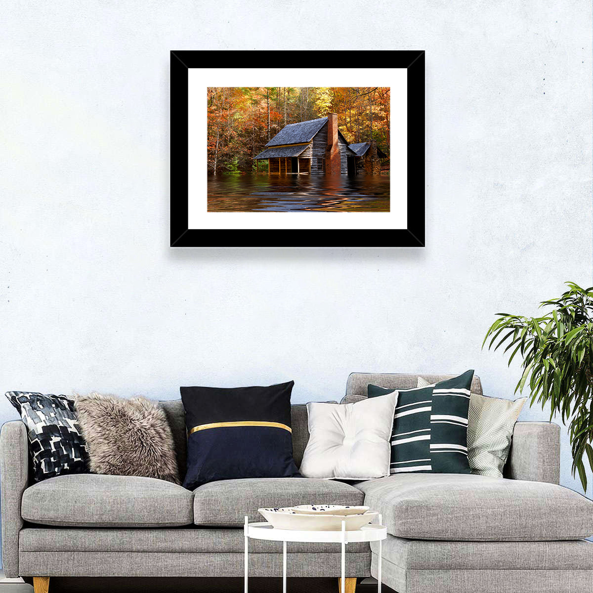 Autumn Flooded Log Cabin Wall Art