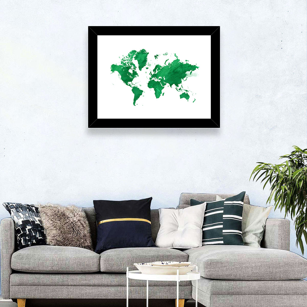 Green Watercolor World Map Wall Art
