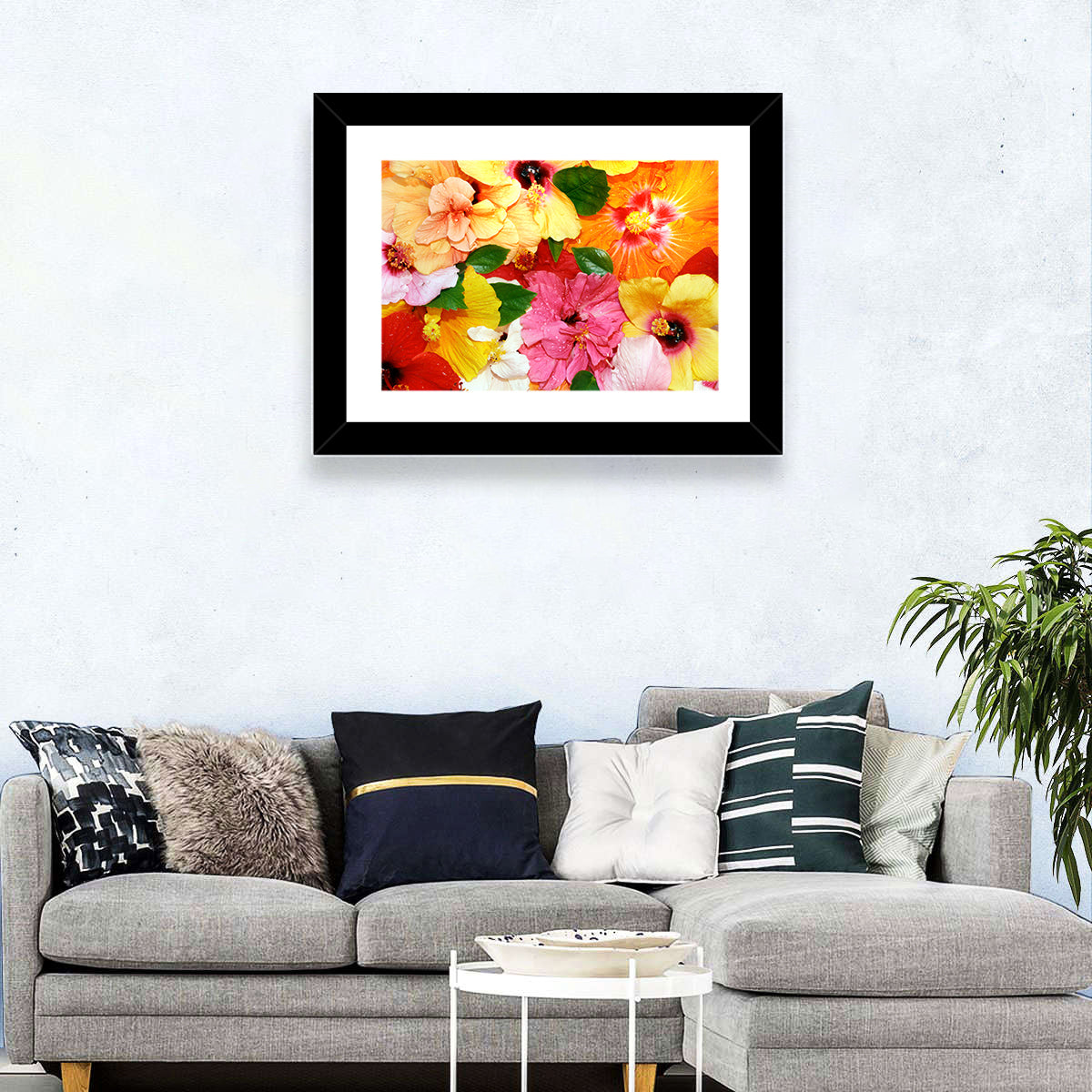 Vibrant Hibiscus Close-up Wall Art in a room, landscape
