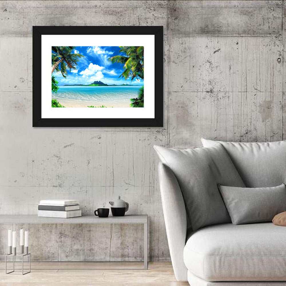 Palm-framed Tropical Island Beach Wall Art in a room, landscape