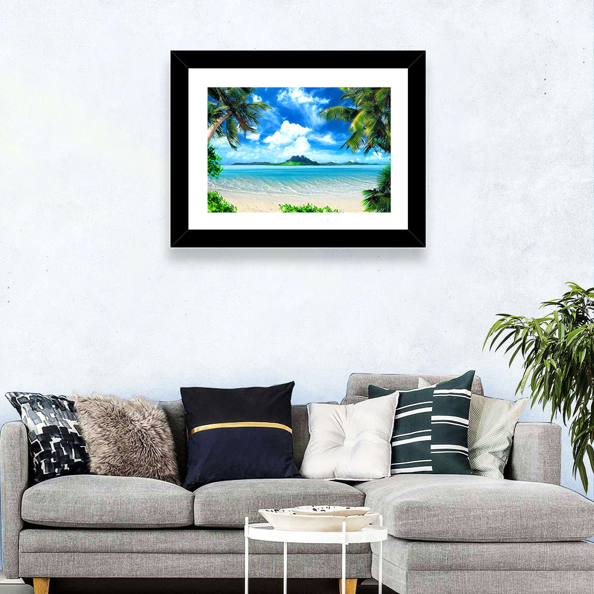 Palm-framed Tropical Island Beach Wall Art in a room, landscape