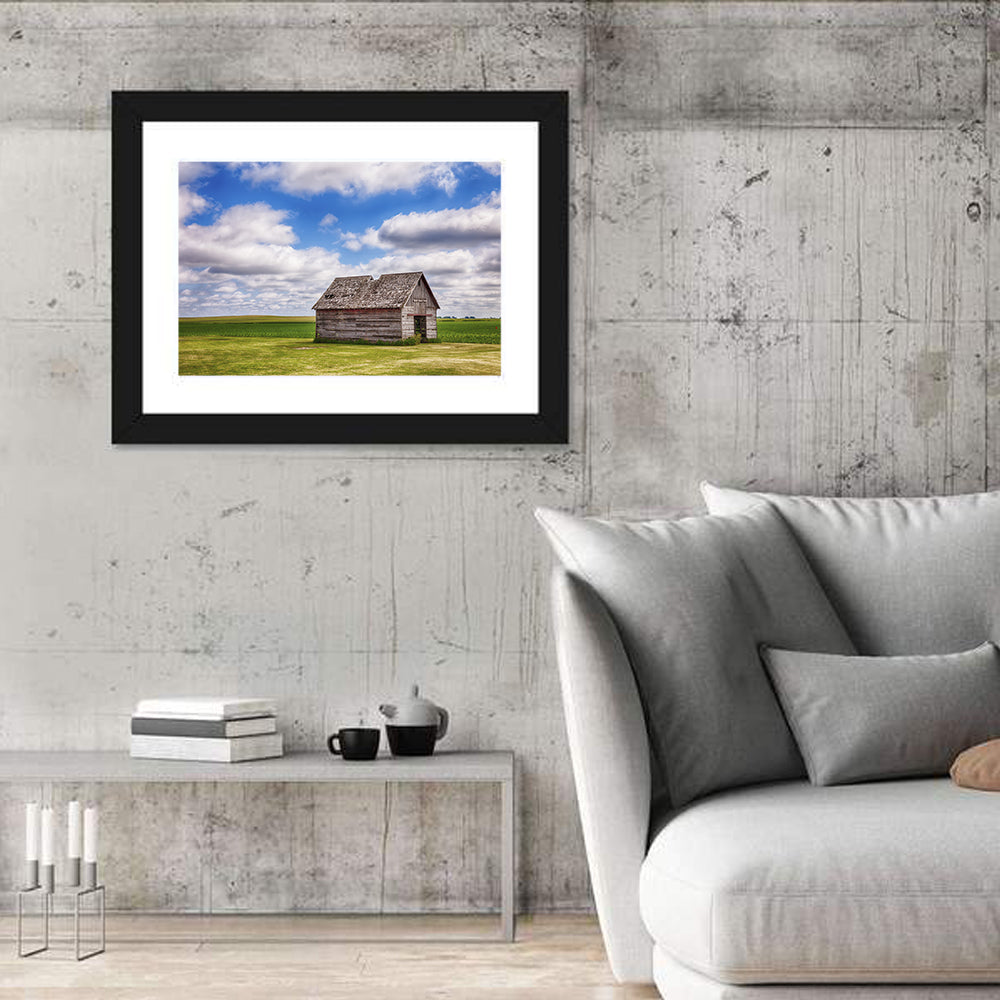 Old Farm Shed in Field Wall Art in a room, landscape